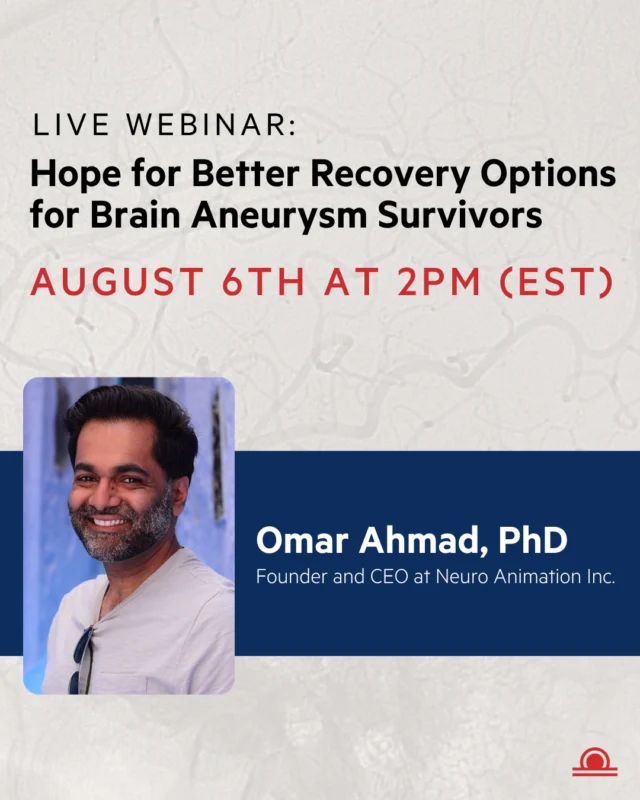 Join us on August 6 at 2:00 PM ET for a webinar with Omar Ahmad, PhD, Founder and CEO of NeuroAnimation Inc. Learn how NeuroAnimation is transforming neuro-recovery through innovative technology, the science behind its impact on the brain, outcomes for aneurysm and stroke survivors, and how this therapy is becoming more accessible in communities across the country. Click the link in our bio to register.