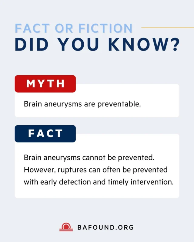 Did you know? Some say brain aneurysms are preventable, but that’s a myth. You can’t stop an aneurysm from forming, but ruptures can often be prevented through early detection and treatment. Spread the facts. Save lives.