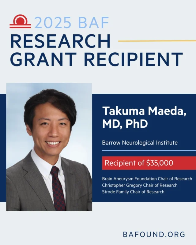 Dr. Takuma Maeda of Barrow Neurological Institute (@barrowneuro) is a 2025 Brain Aneurysm Foundation research grant recipient. SAH has a high mortality rate but receives less funding than other diseases, making BAF support crucial for early-career researchers like Dr. Maeda. His work, supported by the Brain Aneurysm Foundation, Christopher Gregory, and Strode Family Chairs of Research, explores new ways to prevent aneurysm rupture. Learn more about him here, https://www.bafound.org/takuma-maeda-md-phd/