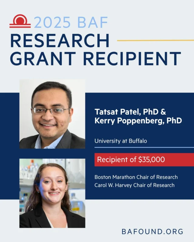 Dr. Tatsat Patel and Kerry Poppenberg from the University at Buffalo are 2025 Brain Aneurysm Foundation research grant recipients. Supported by the Boston Marathon and Carol W. Harvey Chairs of Research, their work aims to improve screening for individuals with a family history of aneurysms. They hope to enhance patient screening and management to enable earlier detection and reduce the risk of life-threatening ruptures. Learn more about them from the link in our bio.