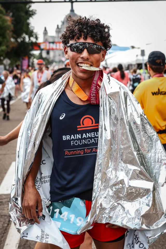 A huge congratulations to Brian V., who completed his first-ever marathon — the Twin Cities Marathon in Minnesota, running in support of the Brain Aneurysm Foundation. Completing 26.2 miles is an incredible achievement in itself, but doing so to raise awareness for such an important cause makes this milestone even more inspiring. Way to go, Brian!