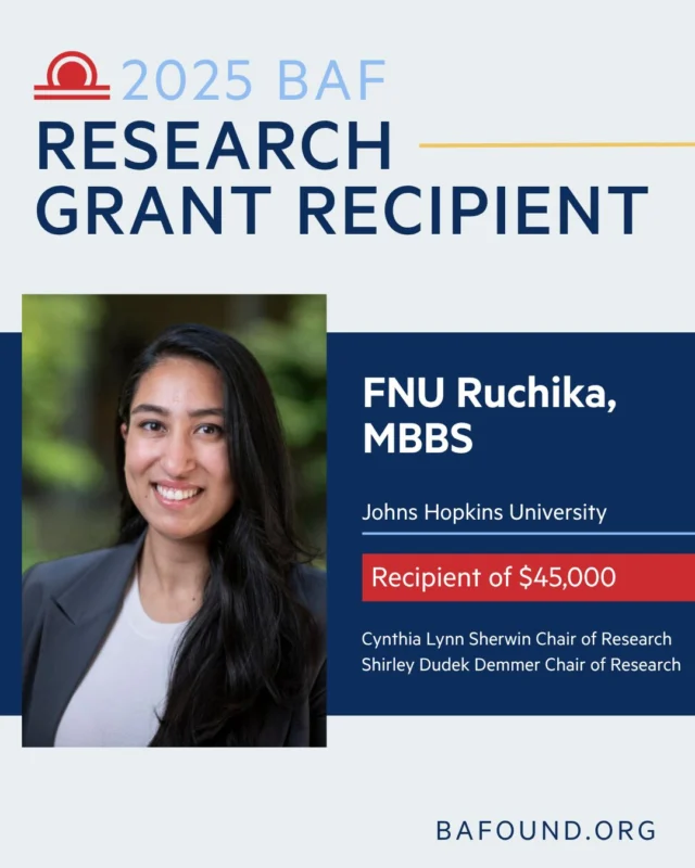 Dr. FNU Ruchika of Johns Hopkins University is a 2025 Brain Aneurysm Foundation research grant recipient. Supported by the Cynthia Lynn Sherwin and Shirley Dudek Demmer Chairs of Research, she draws on her experience observing both open and minimally invasive procedures. She’s inspired by the balance of precision in the OR and creativity in the lab to drive better outcomes for patients. Learn more, https://www.bafound.org/fnu-ruchika-mbbs/