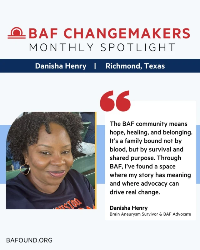 Our latest Changemaker, Dani Henry, embodies true resilience. After surviving a ruptured brain aneurysm—and, eight years later, an ischemic stroke, she continues to move forward with gratitude, faith, and purpose. Today, she’s living with an unruptured aneurysm and using her voice to inspire others. Learn more about Dani’s story from the link in bio.