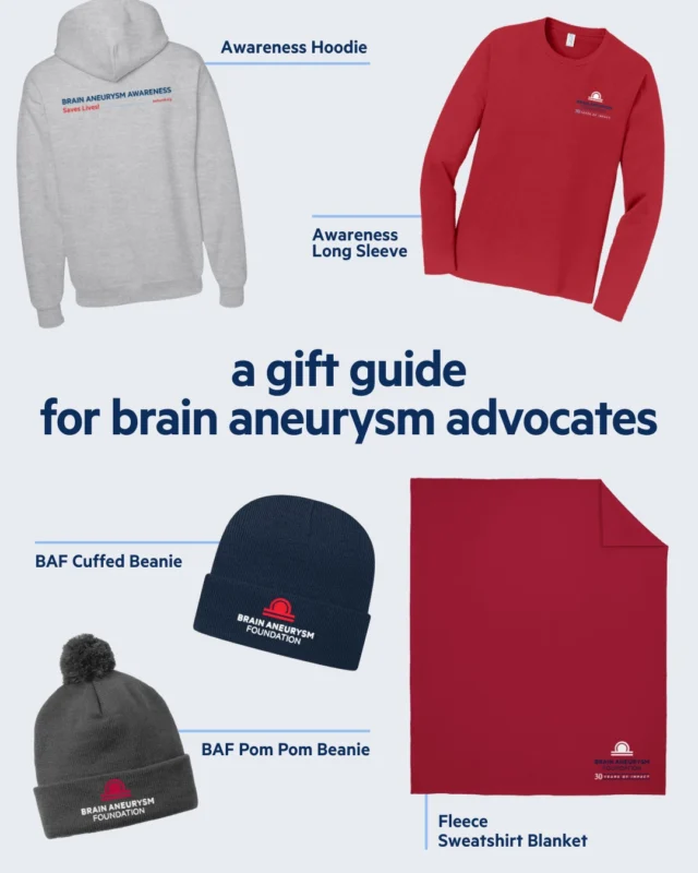 Planning your holiday shopping? Our Brain Aneurysm Advocate merchandise makes a meaningful gift for survivors, supporters, and anyone who wants to raise awareness. To receive your items in time for Christmas, place your order by December 8.  Shop now: https://bit.ly/BAF_Merch