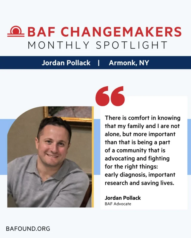 We’re proud to spotlight this month’s BAF Changemaker, Jordan Pollack.
After losing his mother to a ruptured brain aneurysm, Jordan turned his grief into purpose. Through advocacy and action, he’s raising awareness and supporting lifesaving research. His recent alumni basketball tournament raised $30,000 for BAF—proof that one person can make a powerful impact, click the link in our bio to read more.