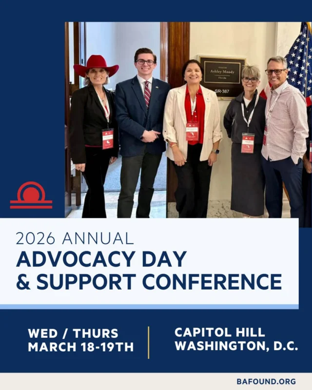 Deadline approaching! Join the Brain Aneurysm Foundation in Washington, D.C., for Advocacy Day (March 18) and the 2026 Support Conference (March 19). Meet with Congress, raise your voice, and connect with survivors, caregivers, and families. 

Registration deadline extended to Feb. 6 at 5 PM EST.
Register: give.bafound.org/2026AdvocacyDay