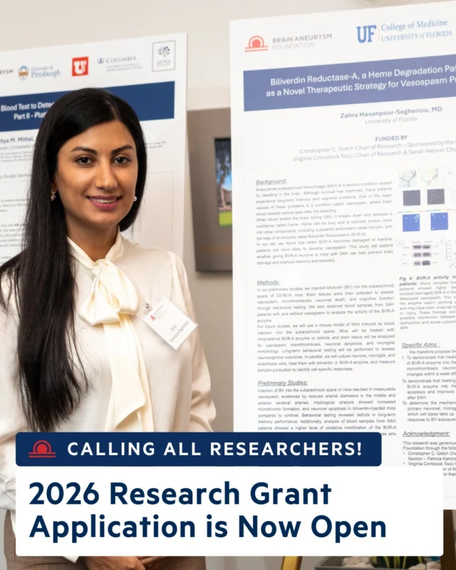 Calling All Researchers! The 2026 Brain Aneurysm Foundation Research Grant application is now open. We’re seeking innovative projects in early detection, treatment, SAH, imaging, and AI-driven research. Apply today and help advance brain aneurysm care: https://www.bafound.org/research/apply-for-a-grant/