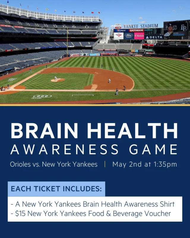 Don’t miss the Orioles vs. Yankees on May 2, 2026, at 1:35 PM EDT at Yankee Stadium! Support Brain Health with every ticket—be sure to select BAF at checkout.
Score a Yankees Brain Health Awareness Shirt and a $15 Food & Beverage Voucher with your ticket. Get yours now: https://www.gofevo.com/event/Brainhealth8