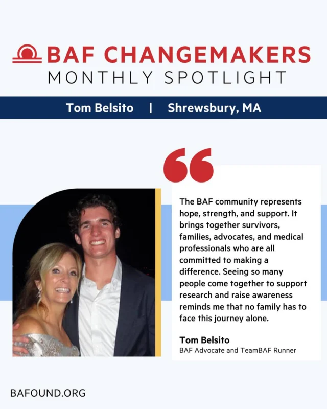 Meet this month’s Changemaker, Tom Belsito. His family’s story—spanning generations—reflects both the challenges of brain aneurysms and the progress being made through research and awareness. In this Q&A, Tom shares what fuels his advocacy, his connection to the BAF community, and why he’s running the Boston Marathon for TeamBAF, click the link in bio.