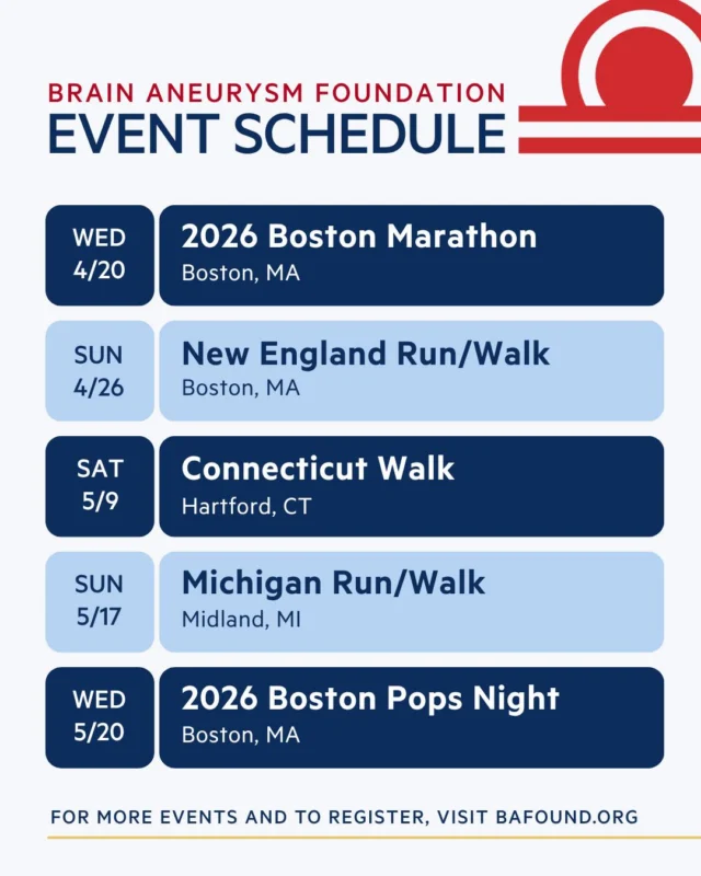 Big things are coming this spring with the Brain Aneurysm Foundation! Whether you're lacing up your sneakers or dressing up for a night out, there's an event for everyone — and every step, stride, and ticket supports life-saving brain aneurysm research and awareness, link in bio.