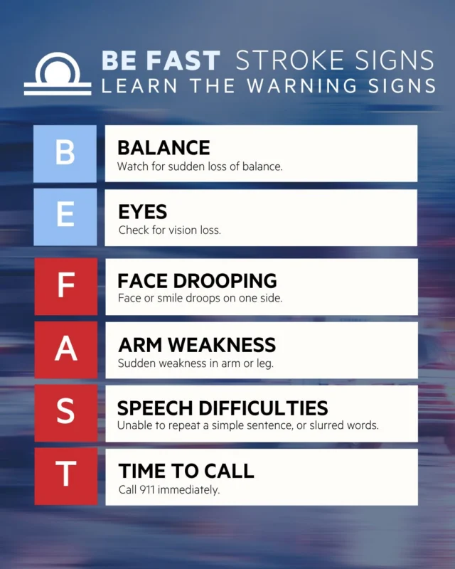 Stroke can happen without warning. Knowing the signs could save someone's life.
Sudden loss of balance. Vision changes. Face drooping. Arm weakness. Slurred speech. If you see any of these — call 911 immediately.

Share this with someone you love.