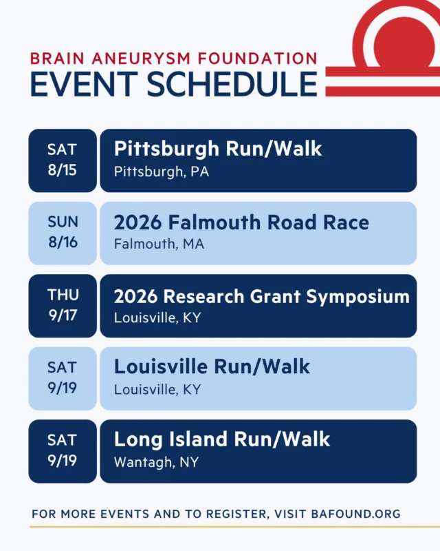 Mark your calendars and join us on the road to awareness! From Pittsburgh to Falmouth to Louisville and Long Island, the Brain Aneurysm Foundation is bringing communities together to support research, honor survivors, and save lives. Whether you run, walk, or cheer from the sidelines, every step makes an impact.
Register and learn more, https://www.bafound.org/take-action-2/fundraise-participate/events/