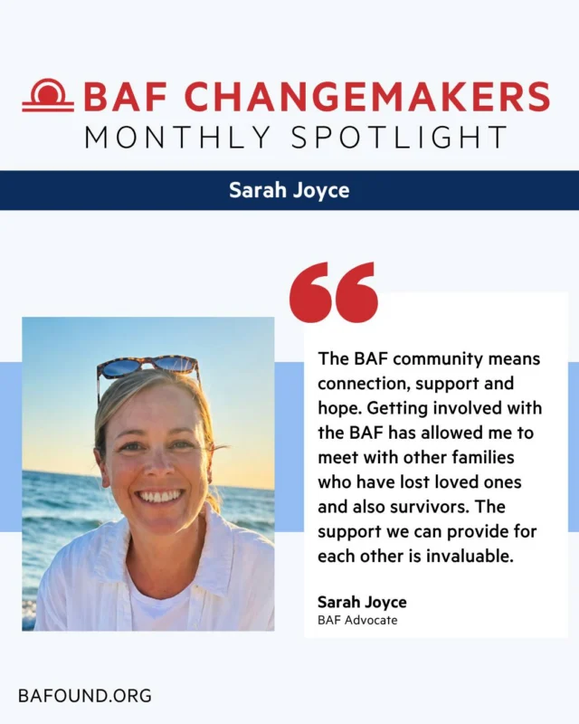 This month, we’re highlighting Sarah Joyce, whose commitment to honoring her sister Kristen’s legacy continues to make an impact. After Kristen passed away from a brain aneurysm in 2018, Sarah turned her loss into an annual event that brings family, friends, and her community together to raise awareness and support the Brain Aneurysm Foundation’s mission.

Since 2023, Sarah’s dedication has helped keep Kristen’s memory alive while providing hope and support to others affected by brain aneurysms.

Read more about Sarah’s inspiring story and the meaningful work she’s doing to make a difference: https://www.bafound.org/blog/baf-changemaker-sarah-joyce/