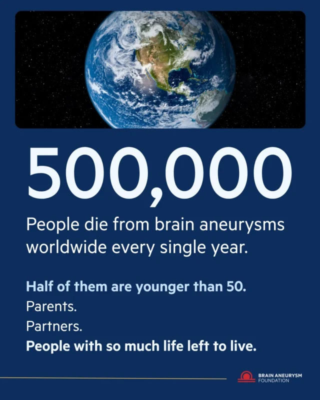 Every year, brain aneurysms claim the lives of nearly 500,000 people worldwide—and half are under the age of 50.

Parents. Partners. Friends. People with so much life left to live.
By raising awareness, supporting research, and recognizing the warning signs, we can help change these statistics.
