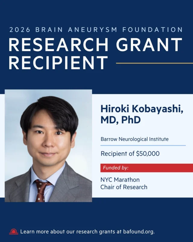 Congratulations to Dr. Hiroki Kobayashi of Barrow Neurological Institute, recipient of a $50,000 research grant to study a potential new non-surgical target for preventing aneurysm rupture. His work is funded by the NYC Marathon Chair of Research. Read more: bafound.org/research/research-grant-awards