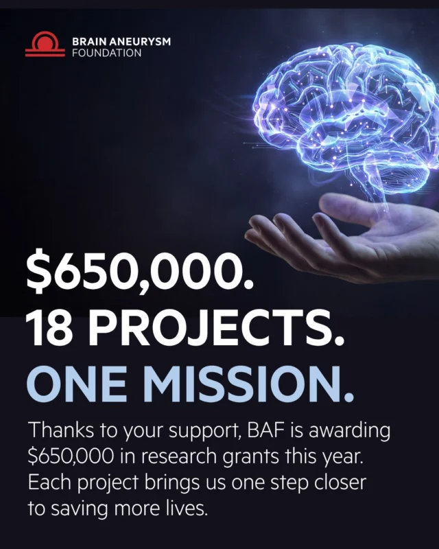 A record $650,000. 18 projects. 20 years of funding brain aneurysm research.
This year's grants span genetics, AI, diagnostics, and new treatment strategies — bringing us closer to understanding how brain aneurysms form and rupture and advancing new approaches to detection, risk assessment, and treatment.

Meet the 2026 recipients: bafound.org/research/research-grant-awards