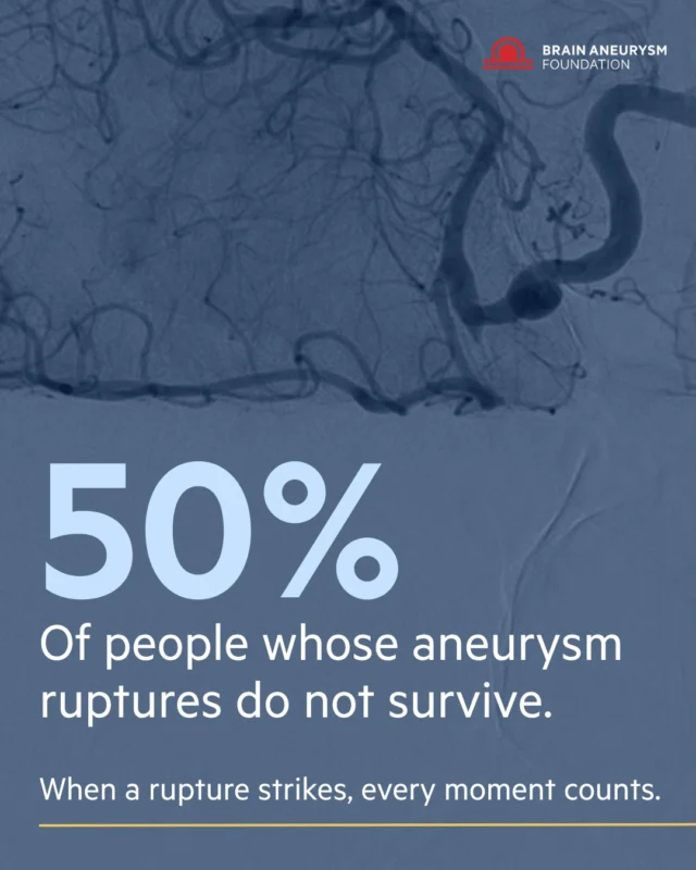 50% of people whose brain aneurysm ruptures do not survive. When a rupture strikes, every moment counts. Know the warning signs — a sudden, severe headache, blurred vision, nausea, or loss of consciousness — and don't wait to act. Early awareness saves lives. Learn more about symptoms, risk factors, and support at bafound.org.