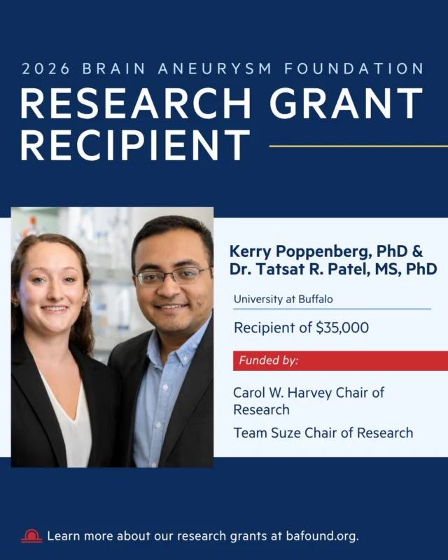 Congratulations to Dr. Kerry Poppenberg and Dr. Tatsat R. Patel of the University at Buffalo, recipients of a $35,000 research grant. Their research focuses on identifying markers of aneurysm growth over time. Their work is funded by the Carol W. Harvey Chair of Research and the Team Suze Chair of Research. Read more: bafound.org/research/research-grant-awards