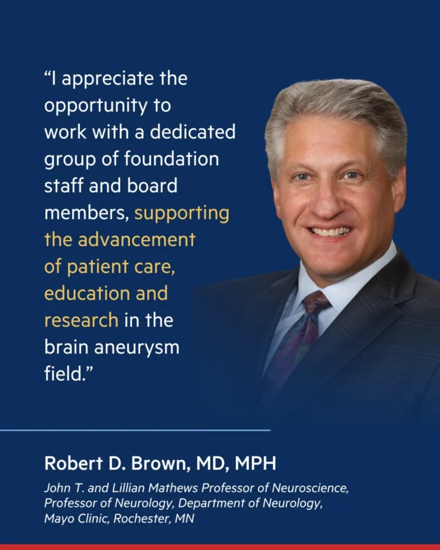 We’re spotlighting Dr. Robert D. Brown, Vice President of the BAF Medical Advisory Board. His leadership and expertise help guide BAF’s work to advance brain aneurysm research, education, and patient care. Learn more here, https://www.bafound.org/about-baf/our-team/medical-advisory-board/