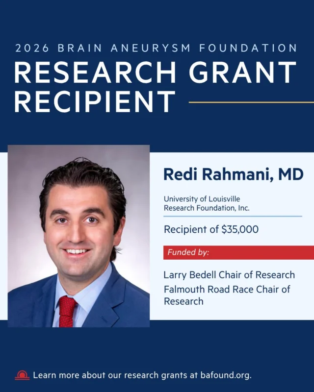 Congratulations to Dr. Redi Rahmani of the University of Louisville, recipient of a $35,000 grant. This research concentrates on studying how smoking and vaping affect brain aneurysm formation and rupture. His work is funded by the Larry Bedell Chair of Research and the Falmouth Road Race Chair of Research. Read more: bafound.org/research/research-grant-awards