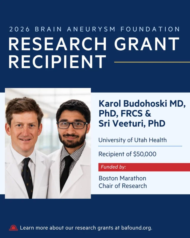 Congratulations to Dr. Karol Budohoski and Dr. Sricharan Veeturi of University of Utah Health, recipients of a $50,000 research grant. This project is to study how blood vessels respond after a ruptured brain aneurysm. Their work is funded by the Boston Marathon Chair of Research. Read more: bafound.org/research/research-grant-awards