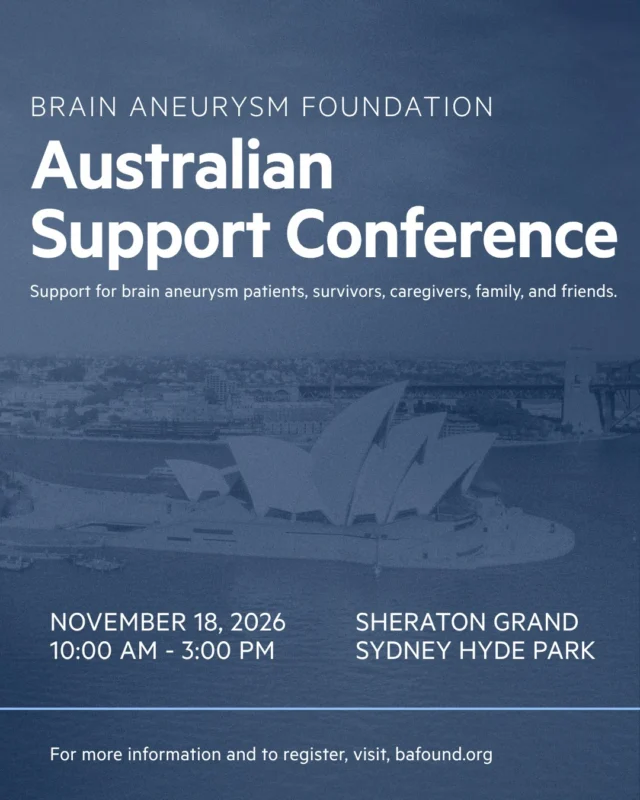 Sydney, we're coming to you!

Join us for BAF's first Australian Support Conference, a welcoming gathering for brain aneurysm survivors, caregivers, family, and friends to share, listen, and connect. Facilitated by BAF Co-Founder Dede Buckley, NP, and Executive Director Christine Buckley.

Date: Wednesday, November 18 | 10 AM to 3 PM
Location: Sheraton Grand Sydney Hyde Park, Boardroom 5
Lunch will be provided.​

For more information, and to register, click the link in our bio.