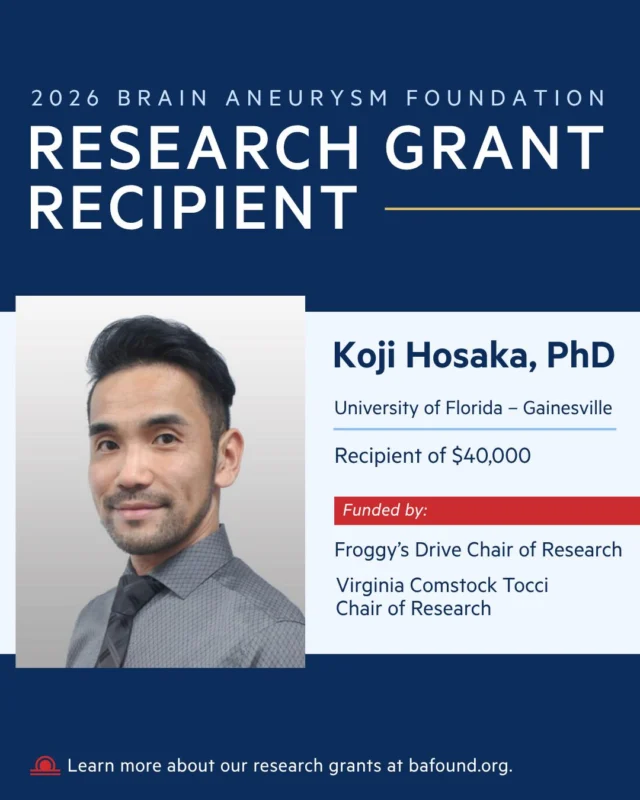 Congratulations to Dr. Koji Hosaka of the University of Florida, recipient of a $40,000 research grant. In his work, he identifies new therapeutic targets for recovery after a ruptured aneurysm. His work is funded by the Virginia Comstock Tocci Chair of Research and the Froggy's Drive Chair of Research. Read more: bafound.org/research/research-grant-awards