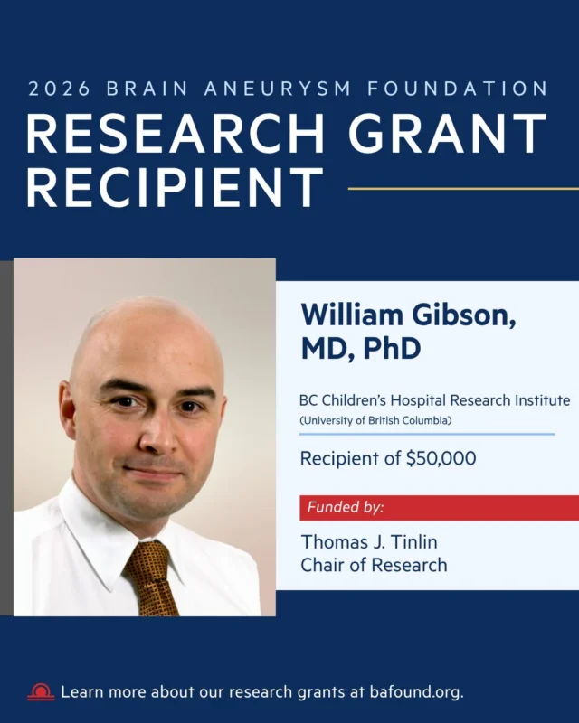 Congratulations to Dr. William Gibson of BC Children's Hospital Research Institute, recipient of a $50,000 research grant studying the genetics behind aneurysms that run in families. His work is funded by the Thomas J. Tinlin Chair of Research. Read more: bafound.org/research/research-grant-awards