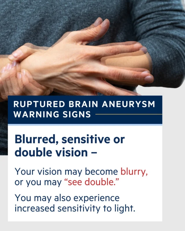 Could you spot the warning signs of a ruptured brain aneurysm? Blurred or double vision, and light sensitivity, can be signs of a rupture. #KnowTheSigns #BrainAneurysmAwareness